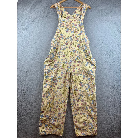 April Cornell Denim - Vintage April Cornell Floral Overalls Yellow  Wide Leg Jumpsuit Womens Large L